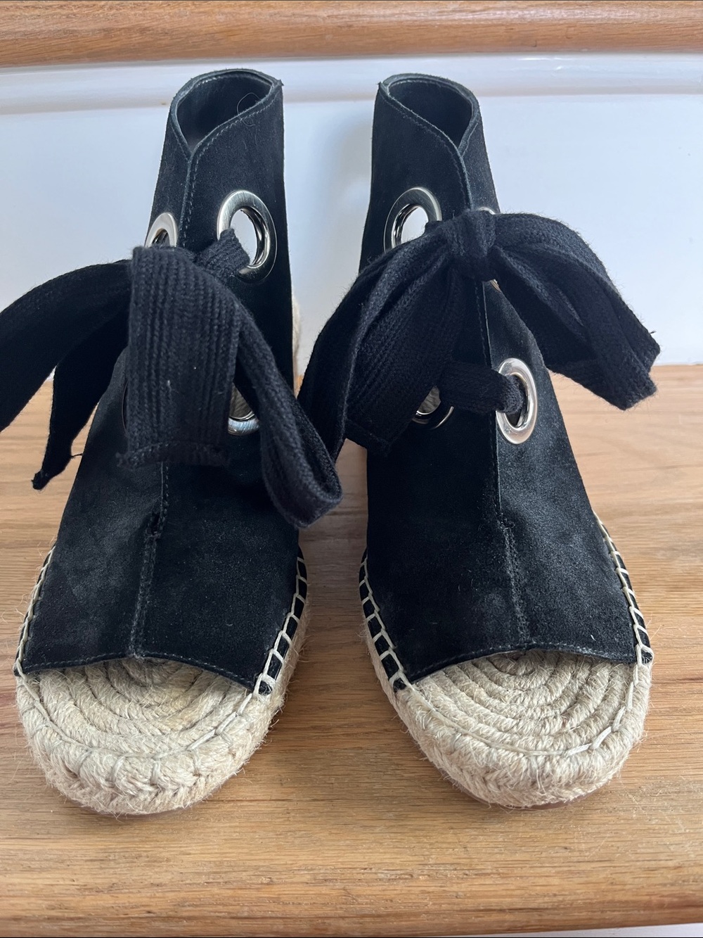 Sole Society Black Suede Espadrille Wedge Sandals with Tie Detail